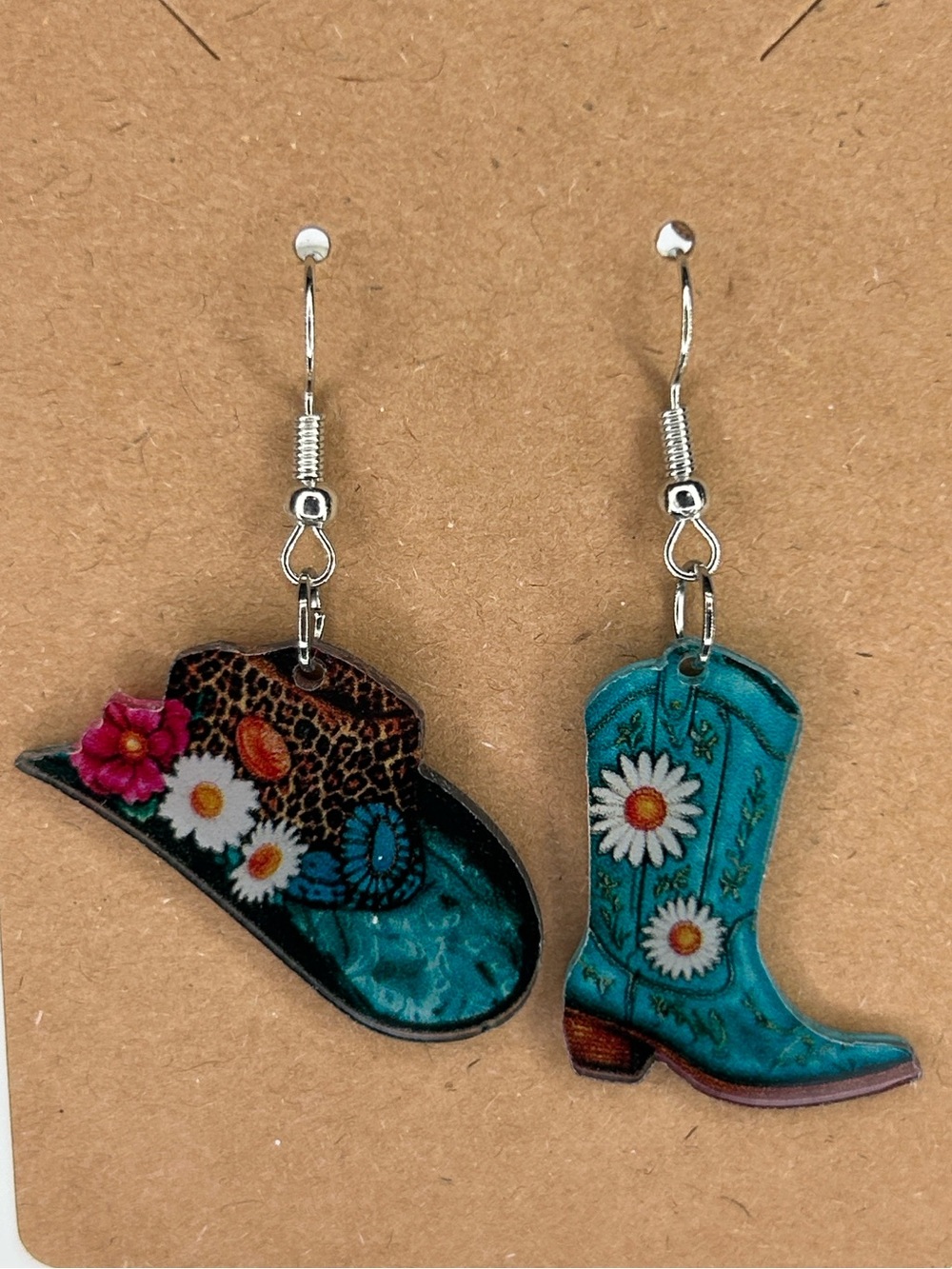 Cowboy Boot and Hat Daisy Drop Earrings Acrylic Turquoise Fashion Jewelry
